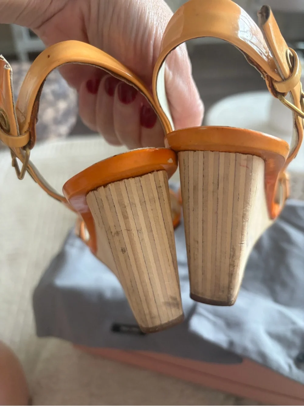 Miu Miu Orange Patent Leather Wedge Sandals with Gold Grommets
